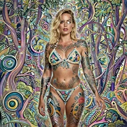 margot robbie portrait with a tattooed body posing in a magical crochet bikini in a magical forest, beautiful eyes, realistic face, full body, fantasy art, in the style of JAMES MCCARTHY, illustration, epic, fantasy, intricate, hyper detailed, artstation, concept art, smooth, sharp focus, ray tracing, vibrant