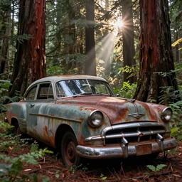 Photograph of an abandoned rusty 1950's Buick in an old redwood forest, massive trees, overgrown with vegetation, sun shining through the trees, backlit, crepuscular rays, realistic octane render, 8k, ultra detailed close up, shallow depth of field