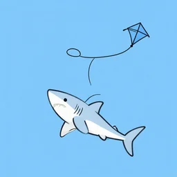 simple line art drawing of a shark flying a kite, very simple