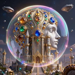 half soap bubble mind, half symetrical highly detailed ornate with jewels and precious metals futuristic, sandman kingdom, outside view from half castle kingdom of dreams, space ships, hiperrealistc, global illumination, radiant light, cosmic detailed and intricate environment, gold, silver, bronze, rubi, emerald, sapphire, aquamarine, topaz, art by andreas achenbach