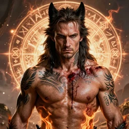 Sam Winchester as a muscular half-blood werewolf with religious tattoos on chest and neck, stained and bleeding, magic overlays, magic flames, open portal with runes in the background, romance book cover style, D&D illustration style, (octane render) fantasy style, sharp focus, ultra detailed, art by Artgerm and Peter Andrew Jones, Ayami Kojima, Amano and Olivier Ledroit