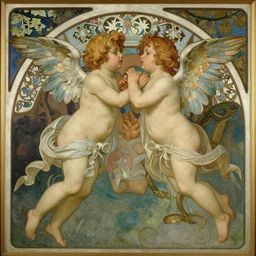 an idyllic scene of winged cherubs in the style of bouguereau, art nouveau, symbolism, oil on canvas, highly detailed, naturalism, magic