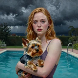 Elle Fanning at the pool holding a Yorkshire terrier in the style of Paola Vetri, head and shoulders portrait, stormy weather, extremely detailed masterpiece, oil on canvas, low-key neon lighting, artstation, Blade Runner 2049, Roger Deakin’s cinematography, by J. C. Leyendecker and Peter Paul Rubens and Edward Hopper and Michael Sowa,