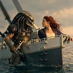 romantic scene from titanic except with monsters from predator