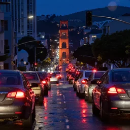 pov of cars waiting for traffic light in san francisco at night, taillights, puddles, reflections, hills, telephoto