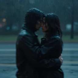 an emotional dark picture of two shadowy figures hugging each other, it is raining, 35mm, motion blur