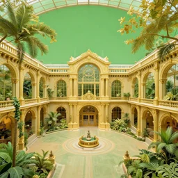 architecture indoors scene vast botanical museum, gold green background, intricate, highly detailed, digital painting, artstation, concept art, smooth, illustration, art by artgerm and hsiao ron cheng