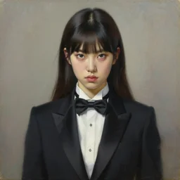 portrait of a beautiful korean girl wearing a men's tuxedo, with long hair and bangs, angular features, angry expression, oil on canvas, elegant pose, masterpiece, Jonathan Yeo painting