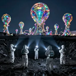 People in hazmat suits holding flashlights peering at gigantic iridescent alien structures in the distance of a deep dark pit, establishing shot, cinematic