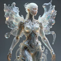 symbiogenesis hybrid humanoid androgyne biomorphic muse geomythological, recursive features, concept art, sculpted iridescent glass, translucidluminescence, intricate detail, kim jung gi, james jean, circuitry, organic detail, cinematic, epic wide shot, ultra detailed, sharp focus, smooth, global illumination, photorealistic, 8 k render