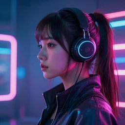 A profile portrait of a cyberpunk female,neon colors,neon background, f1.8, 50mm, vibrant light leaks,high detailed, intricate detail,high contrast, hyper realism 8k,trending on artstation.