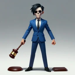 concept art of a dead by daylight killer lawyer wearing a blue business suit with gavel hammer hands, character portrait