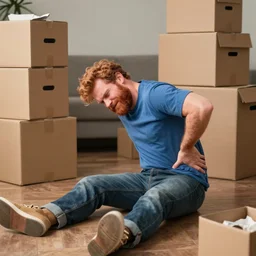 moving day disaster. photo of ginger man on the floor holding his back in pain