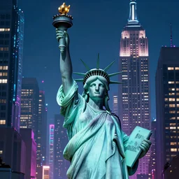 new york in 2 0 7 7 futuristic cyberpunk empire state building statue of liberty cyber neon