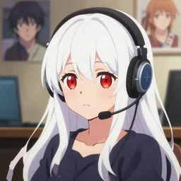 anime visual of a cute girl, with + ( ( red eyes ) ) + long white hair + ( ( wearing a headset in her room interior ) ), poster by ilya kuvshinov, akihiko yoshida, makoto shinkai, katsuhiro otomo