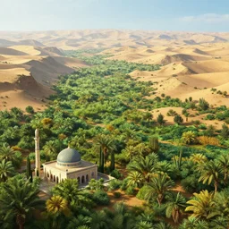 a vast desert valley lush with vegetation in the style of albert bierstadt with a single mosque in the foreground, raytracing, 8 k, octane render, volumetric, vivid, beautiful, hyperrealism