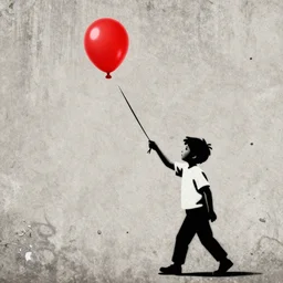 a side profile of a boy letting go of a single red balloon on a concrete background in the style of Banksy, graffiti, digital art