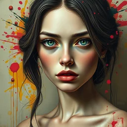 a hyper detailed realistic and surreal portrait of a female model, bored eyes, cool expression, beautiful symmetrical face, award winning painting, brush splashes of vivid colors, artwork by salvador dali, chiara bautista and beksinski and norman rockwell and greg rutkowski, tom bagshaw weta studio, and lucasfilm, made with canon eos