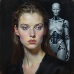 hyperrealism oil painting, close - up portrait of two person, fashion model in front, melting cyborg in distance, complete darkness, in style of classicism mixed with 8 0 s sci - fi hyperrealism