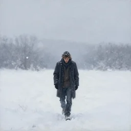 a painting of a man wandering alone in a whiteout blizzard, Trending on artstation, by greg rutkowski and bob ross, theme of sadness and dispair.