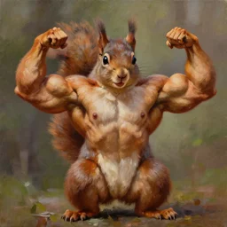 oil painting of a muscular!!!! squirrel with bulging!! human!! biceps!!!!, 8 k, high quality