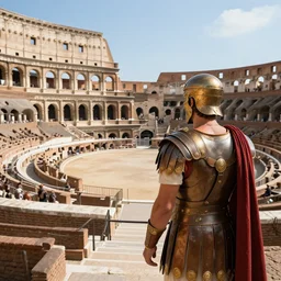 the gladiator in the arena welcomes the emperor of rome, a view from the back of the gladiator to the colosseum, a detailed view of the stands, hyperdetailed, octane render, 8 k