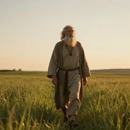 old prophet wandering about a meadow, golden hour