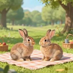 two rabbits in love with each other are having a picnic in the park, middle ages