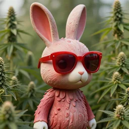 rabbit groot as marble statue, big red sunglasses, in marijuanas gardens, soft surface texture, very realistic 3 d render, soft sun lights, 4 k, high detailed photography result, 5 0 mm lens, rich deep red colors, smooth gradients, depth of field, cinematic, hyper realism, high detail, octane render, unreal engine, 8 k, vibrant colors