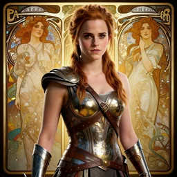 highly detailed vfx portrait of emma watson as warrior girl, stephen bliss, unreal engine, chrome reflect, greg rutkowski, tom bagshaw, alphonse mucha, global illumination, detailed and intricate environment