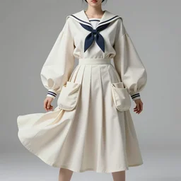designer anime stylized figure haute couture collection light textiles, aesthetic palette, body fitted dart manipulation, loose coat collar sailor uniform, midi skirt, coated pleats, synthetic curves striking pose, stylized dynamic folds, cute huge pockets, intriguing volume flutter, youthful, modeled by modern designer bust, expert composition, professional retouch, editorial photography