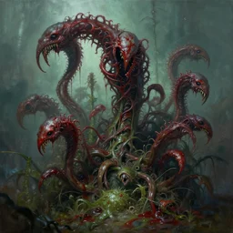 professional painting of bloodthirsty plants absorbs human trending on artstation, biopunk, bioshock, high quality