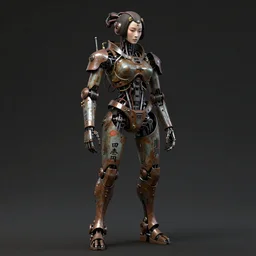 Techno-biological rusty Japanese robot geisha consisting of wires and actuators. Biopunk, body armor, high detail, photorealism, full length view, concept art, dark background, irobot, AI (film), bladerunner 2049, Dan Mumford, Quixel Megascans, kanji tattoos and decals, octane render, 16k, 8k