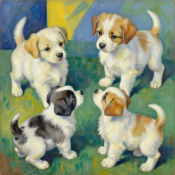 painting of puppies playing an ultrafine detailed painting by natalia goncharova, pixiv, naive art, detailed painting, whimsical, cubism - 4