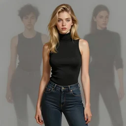 girl wearing black sleeveless turtleneck and jeans, blonde hair. digital painting, by valerian city of a thousand planets, by ruan jin #, by mandy jurgens #, by artgerm #, william - adolphe bouguerea #