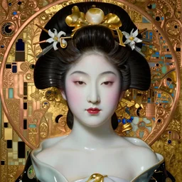 face centered portrait, artwork by james jean, hyperdetailed realistic smooth polished porcelain, beautiful japanese empress, jean delville, art nouveau, gustav klimt, ornate copper patina gothic icon, james jean, ultrasharp hyperdetailed photorealistic octane render