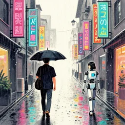 small street full of neon light banners, multi colored pebbles on the road, a man with a black umbrella walks towards a young lady robot, rainy day, stylographic drawing style, kurekolor