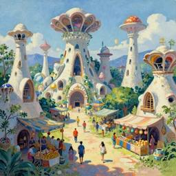 sci-fi scene of a villge in another world, seashell architecture, street market, colorful, impresionistic