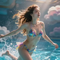 a beautiful female goddess of swimming character, character is in all its glory, character is in her natural relaxed pose, rim lights, particles and dust in the air, fancy clouds, highly detailed professional photo, dynamic lights, particles are flying, depth of field, trending on artstation, illustration, hyper realistic, vray caustics, super detailed, colorful accents, cinematic shot