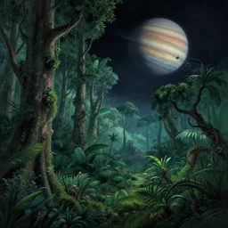 a lush alien forest on a moon orbiting a gas giant!! by robert mccall