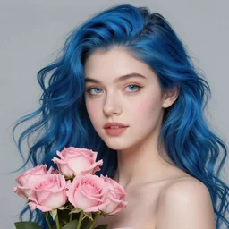 very very very very beautiful portrait of a girl with blue flowing hear, portrait by loish, and Lois van Baarle, daily deviation, disney inspired, stunning masterpiece, semirealism, pink flower