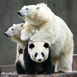 panda, grizzly bear and polar bear stacked on top of each other