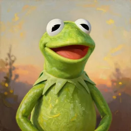 Painting of Kermit the Frog. Art by william adolphe bouguereau. During golden hour. Extremely detailed. Beautiful. 4K. Award winning.