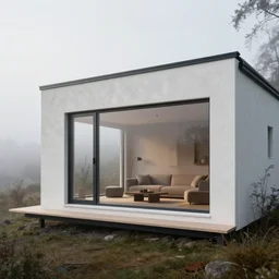Hyper realistic. Danish heritage and Nordic home, plaster walls. the tiny home, big window frame. living room. Furnished with minimal furniture . ultra wide shot .minimal design. Future design. architecture design. foggy environment. Cinematography. mega scans. sloped site. cinematic. hyper realistic. photorealistic. cinematic composition. highly detailed. Vray. Corona render. 8k. render