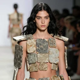 alina wearing an outfit made from antique stone tablets, at new york fashion week, lush black hair, average physique, freckled pale skin, photo by greg rutkowski and tim walker, stage lighting, female beauty, intricate detail, risque fashion, elegance, 3 5 mm, depth of field, masterpiece