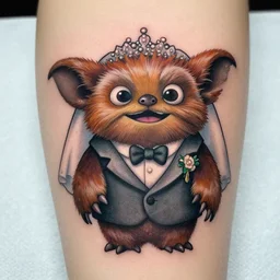 a cute hyper realistic tattoo of gizmo from the movie gremlins wearing a wedding suit and looking happy in the style of sailor jerry. new school tattoo, tattoo, dslr
