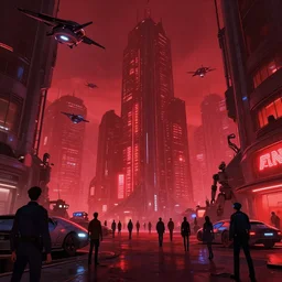 exterior shot, dystopian city. red light district  1985 society, drones, people walking around, depressing, scifi futuristic vehicles, robots  , people  , police state, neon lights, james gurney, katsuhiro otomo, james paick, cinematic lighting, artstation, vibrant nature, anime style, Craig Mullins, Greg Rutkowski, Pete Morbacher, Tuomas Korpi, tekkon kinreet, volumetric light, artstation, , octane render, redshift render, low angle camera, HDRI