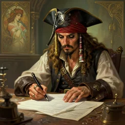 a pirate doing his tax return, deep focus, d & d, fantasy, intricate, elegant, highly detailed, digital painting, artstation, concept art, matte, sharp focus, illustration, hearthstone, art by artgerm and greg rutkowski and alphonse mucha