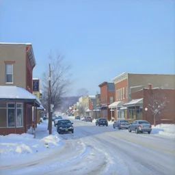 american small town street, cars, blue sky, winter morning, snowy, a painting by kenton nelson