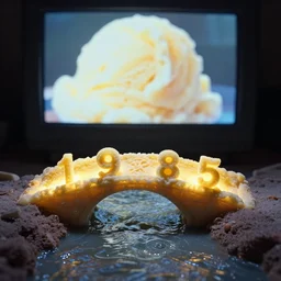 an ice cream bridge in the middle of a neapolitan ice cream river, from 1 9 8 5, made out of ice cream, bathed in the glow of a crt monitor, ice cream in background, low - light photograph, three point perspective, miniature subsurface scattering, photography tyler mitchell